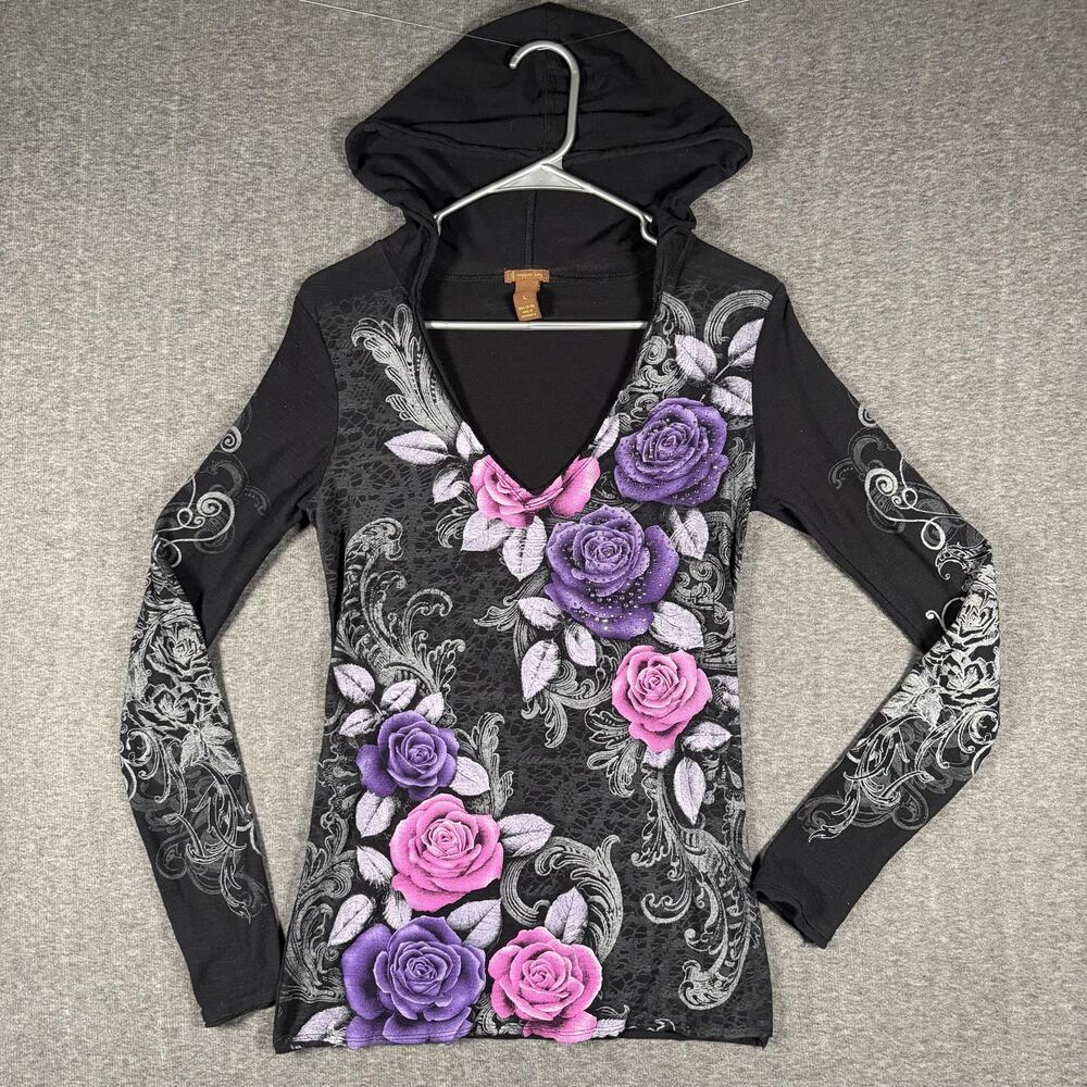 Copper Key Womens Large Y2K Floral Rose Rhinestone Hooded Tunic Top Black